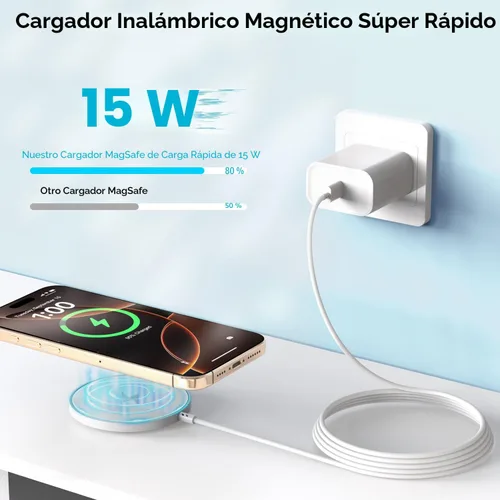 Vista 4 de Cargador inalámbrico magnético para iPhone, carga rápida de 3 pies Apple Mag, almohadilla de carga inalámbrica para iPhone Air/17 Pro Max/16 Pro/16