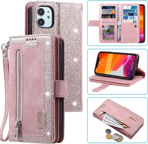 Vista 16 de UEEBAI Funda tipo cartera para iPhone 11 de 6.1 pulgadas, 9 ranuras para tarjetas retro con bolsillo con cremallera, cierre magnético, función atril