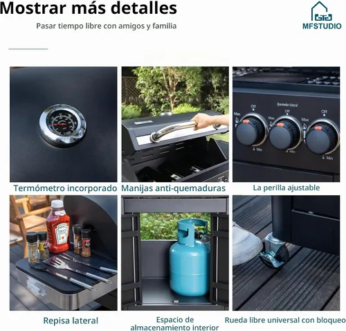 Vista 9 de MFSTUDIO - Parrilla de barbacoa a gas de 4 quemadores con quemador lateral, color negro