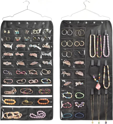 Vista 9 de BB Brotrade Organizador colgante de joyas, organizador de accesorios, organizador de 80 bolsillos para guardar joyas (beige)