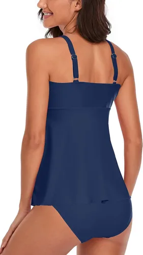 Vista 3 de Smicabe Tankini Swimsuits for Women 2 Piece Modest Blouson Tank Top Bathing Suits with Bikini Bottom