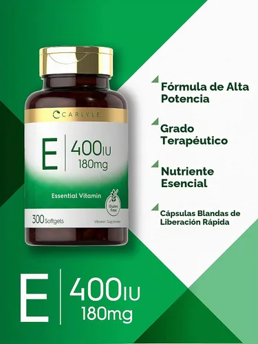 Vista 3 de Carlyle Vitamina E 400 UI Cápsulas Softgel 300 unidades Dl-Alpha Tocoferyl Suplemento sin OMG y sin gluten