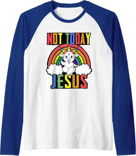 Vista 7 de Not Today Jesus - Camiseta de béisbol raglán con diseño de Baphomet LGBTQ, Negro, S