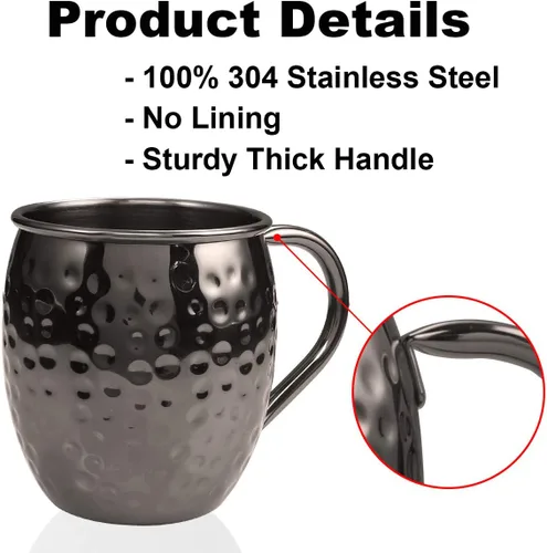 Vista 4 de DUNCHATY Moscow Mule - Juego de 4 tazas de regalo negras de acero inoxidable martillado sólido puro para beber, 16 onzas, seguro para alimentos