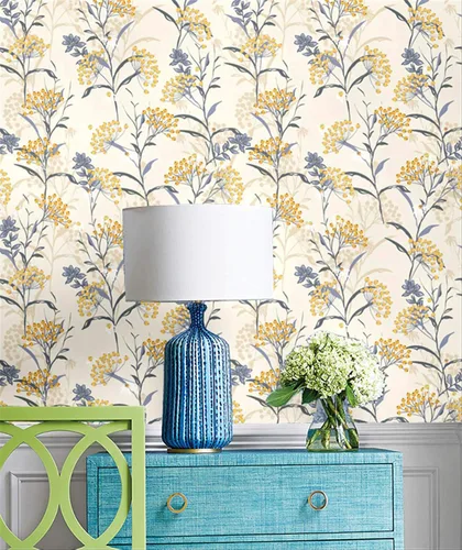 Vista 3 de Blooming Wall DPY08 - Papel pintado a mano para despegar y pegar acuarela, sin costuras, flores amarillas frescas con hojas azules, papel tapiz