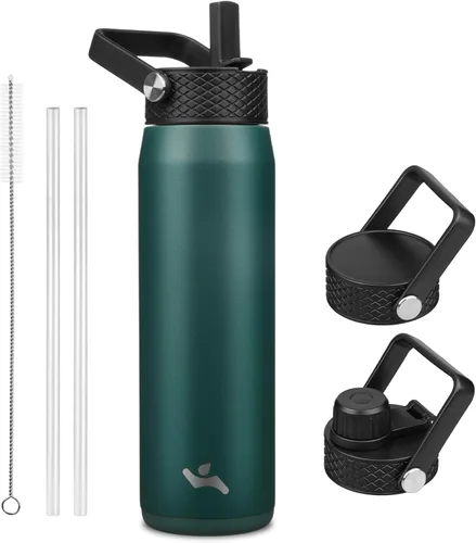 Vista 75 de Konokyo - Botella de agua aislada de 18 onzas, botellas deportivas de acero inoxidable con 3 tapas, verde militar