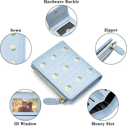 Vista 4 de YINHEXI Cartera con bloqueo RFID para mujer, pequeña, elegante y plegable para tarjetas para niñas, Azul bebé, Twee