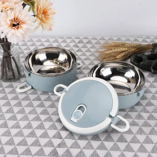 Vista 6 de Caja de almuerzo portátil de acero inoxidable azul con aislamiento térmico para fideos de arroz, contenedor de alimentos, calentador de alimentos
