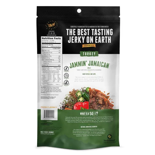 Vista 2 de Perky Jerky Jammin' Jamaican Turkey Jerky, 14oz – Bajo en sodio – 11g de proteína por porción – Bajo en grasa – 100% de origen estadounidense