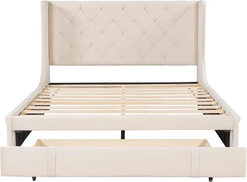 Vista 4 de Moderna cama de almacenamiento de madera, cama de plataforma tamaño Queen con un cajón grande, cama de plataforma tapizada de terciopelo