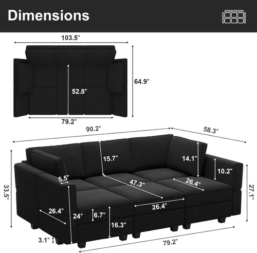Vista 2 de Belffin Sofá Seccional Modular de Terciopelo con Chaise Lounge Sofá Cama Seccional con Chaise de Almacenamiento Sofás Cama Sofá para Sala de Estar