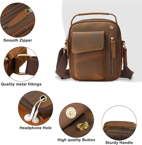 Vista 3 de BAIGIO Bolso cruzado de cuero genuino para hombre, bolso de hombro pequeño, bolso de mensajero, maletín de cuero, regalo del padre