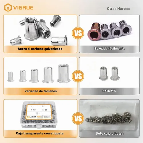 Vista 3 de Surtido de tuercas remachables SAE, VIGRUE 185 piezas #8-32#10-24 1/4"-20 5/16"-18 3/8"-16 304 Tuercas de inserción roscadas de acero inoxidable