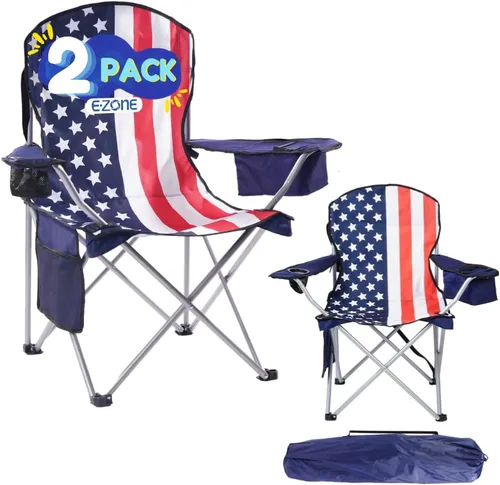 Vista 12 de EZONE Paquete de 2 sillas de campamento con enfriador de hielo integrado, silla portátil, bolsillo de almacenamiento, portavasos y bolsa
