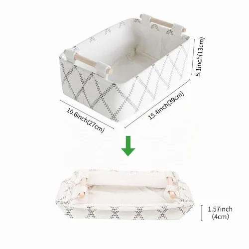 Vista 2 de Cesta organizadora plegable de tela rectangular con asas de madera para almacenamiento de ropa y juguetes