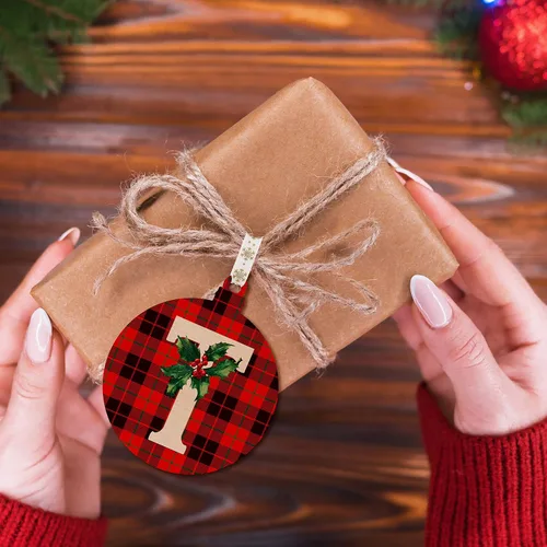 Vista 6 de Adorno de madera contrachapada redondeada de 3.75 pulgadas, personaliza la bolsa y caja de regalo con etiqueta de nombre decoración de Navidad