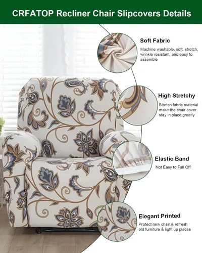 Vista 4 de CRFATOP Funda elástica para sillón reclinable, 4 piezas, fundas impresas para silla reclinable de 1 asiento, colección Fallon, protector de muebles