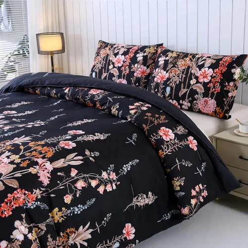 Vista 9 de MAG Juego de edredón floral de 3 piezas, tamaño individual, juego de ropa de cama de microfibra con estampado de flores negras, para todas