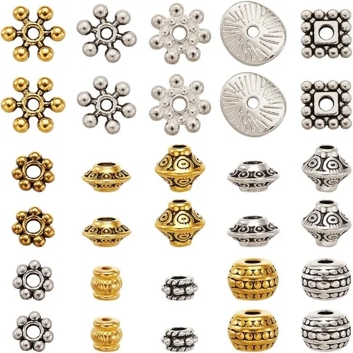 Vista 2 de Craftdady 600 cuentas espaciadoras tibetanas de 10 estilos, colores mezclados, aleación de metal, dijes para pulseras, collares, suministros