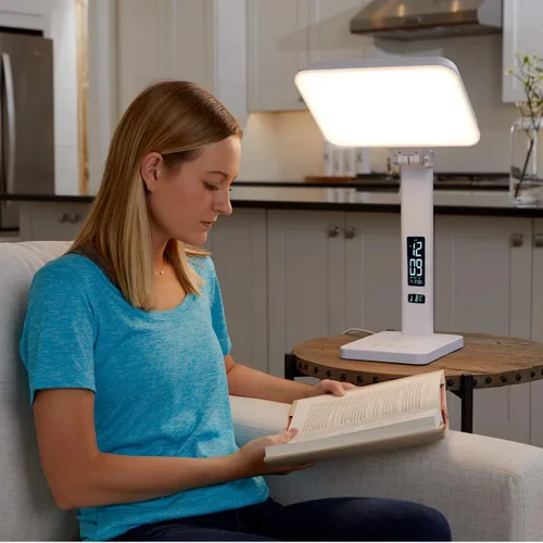 Vista 6 de Lámpara de terapia de luz TheraLite Aura Qi, libre de UV, lámpara de terapia de luz de 10,000 LUX, incluye reloj despertador, cargador de teléfono