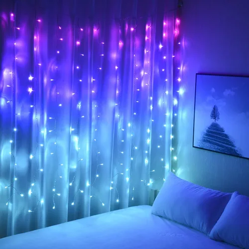 Vista 2 de Luces de cortina rosa, azul, morado, luces de hadas para dormitorio, colgantes para pared para niñas adolescentes, decoración temática de unicornio