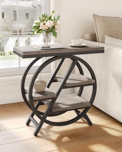 Vista 4 de LITTLE TREE - Mesa auxiliar estrecha con 4 niveles de gran espacio de almacenamiento, mesa de noche moderna para sala de estar, oficina en casa Gris