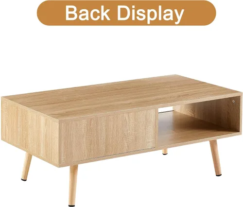 Vista 4 de Mid Century Modern Coffee Table with Storage, 41.3 Inch Rectangle Wooden Accent Center Tables with Sliding PE Rattan Woven Door Panel and Solid Wood