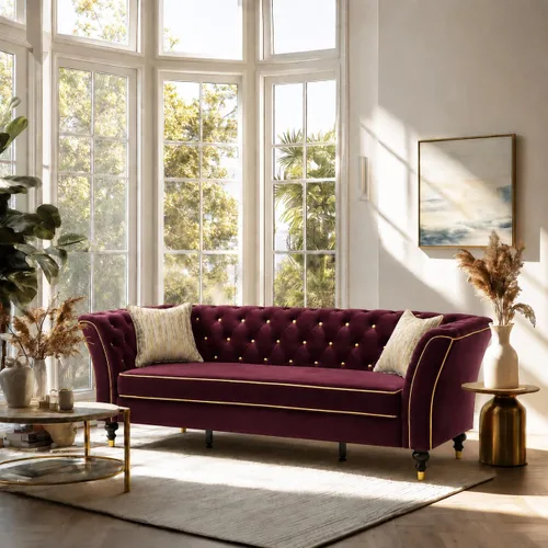 Vista 5 de Beige Velvet Chesterfield Sofa Set, 89.5" 3 Seater Couch for Living Room 2pcs Beige