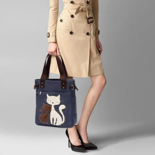Vista 7 de KAUKKO Women Canvas Handbag Shoulder Bag Cat Big Tote Bag