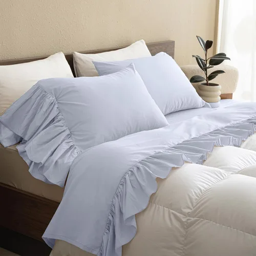 Vista 2 de QSH Juego de sábanas con volantes 100% algodón tamaño Queen, juego de sábanas con volantes de color azul claro estilo campo francés, elegante ropa