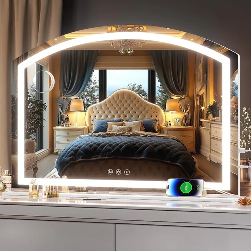 Vista 8 de Hasipu Espejo de tocador con luces, espejo de maquillaje LED arqueado de 11 x 14 pulgadas, espejo de maquillaje iluminado con luces, control táctil