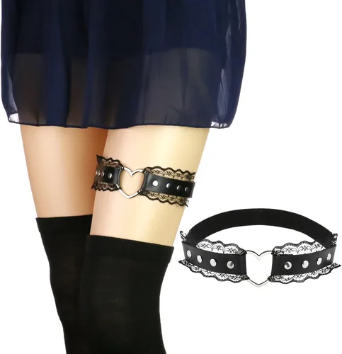 Vista 2 de Liguero de encaje para mujer, liguero ajustable en forma de corazón, ligas góticas punk, 2 piezas