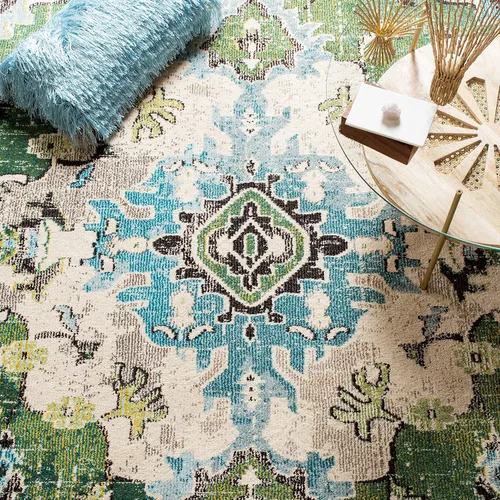 Vista 7 de Safavieh Tapete decorativo de 2 pies 2 pulgadas x 4 pies de la colección Monaco, verde y celeste, diseño desgastado de medallón, no desprende