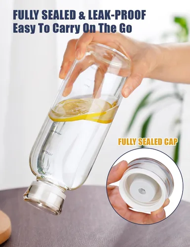 Vista 2 de NiHome - Botella de agua de vidrio de 25 onzas / 25.4 fl oz con pajitas de metal, 2 tapas, transparente High Borosilicate Glass Water Bottle with