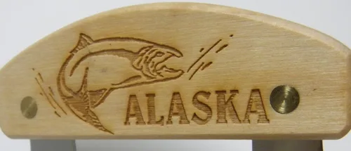 Vista 2 de Alaskan Ulu Inupiat Style con mango de madera de abedul grabada con salmón 6 pulgadas