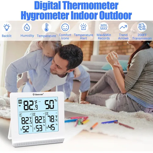 Vista 2 de Geevon Termómetro inalámbrico para interiores y exteriores con 3 sensores remotos, termómetro higrómetro digital, medidor de temperatura y monitor