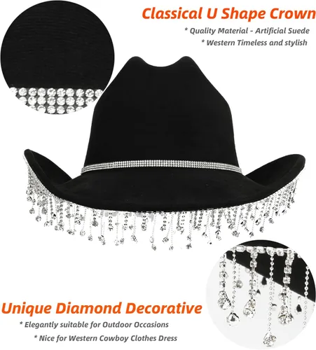 Vista 4 de Melesh Sombrero de vaquera para mujer, sombrero de vaquero occidental con flecos de diamantes de imitación