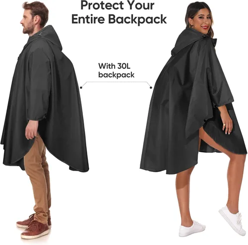 Vista 3 de PTEROMY Hooded Rain Poncho for Adult with Pocket and Zipper, Waterproof Lightweight Raincoat for-Men and Women