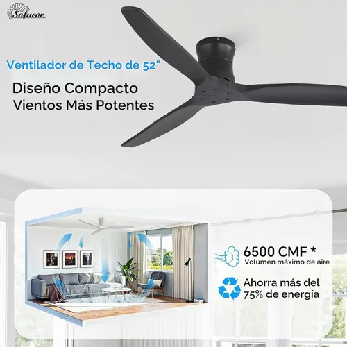Vista 6 de Sofucor Ventilador de techo inteligente de 52 pulgadas sin luz, ventilador de techo de madera maciza de bajo perfil con control remoto, ventilador