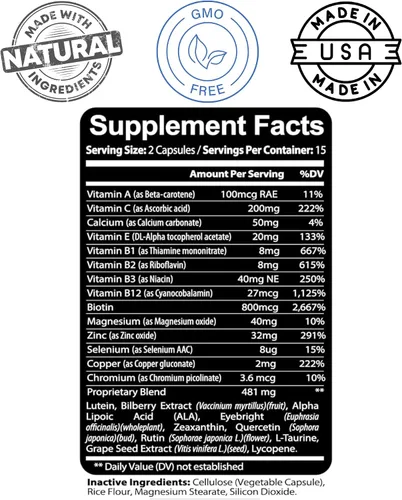 Vista 3 de Kaya Naturals Suplemento de salud ocular, luteína y zeaxantina, salud de la visión, apoyo a la fatiga ocular 800 mg Suplemento vitamínico 30 cápsulas