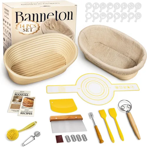 Vista 9 de BAVIFY Kit Inicial para Masa Madre, Juego de Cestas Redondas de 9" y Ovaladas de 10" para Prueba de Pan Banneton, Suministros para Hornear Pan