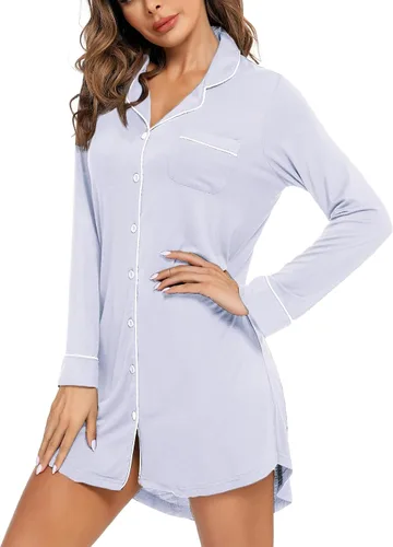 Vista 106 de Samring Camisón de pijama para mujer, manga corta/larga, con botones, camisón para dormir, camisón para novio, talla XXL