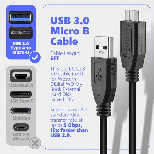 Vista 5 de MaxLLTo Cable de datos USB 3.0 de 6 pies para disco duro externo Western Digital WD My Book
