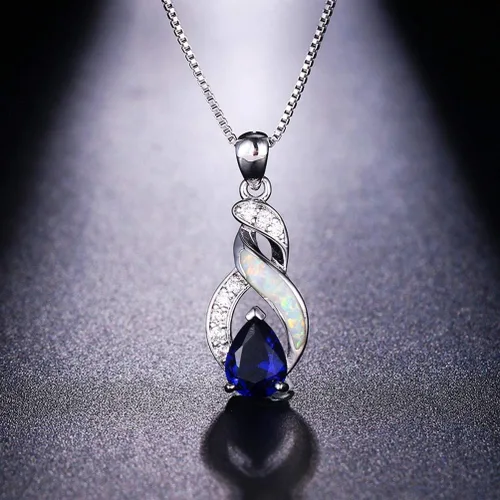 Vista 6 de Set de joyas Hermosa de ópalo para mujer, collar con colgante, pendientes de botón, arcoíris de zafiro, topacio místico, cadena de 45 cm.