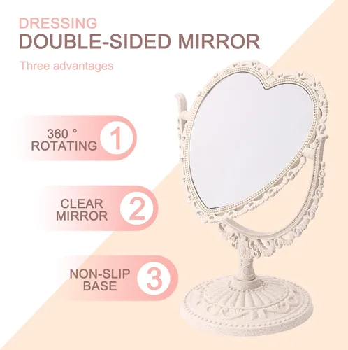 Vista 5 de Beaupretty Espejo de pie doble para maquillaje con rotación de 360 grados, parte superior de mesa en forma de corazón, espejo giratorio cosmético