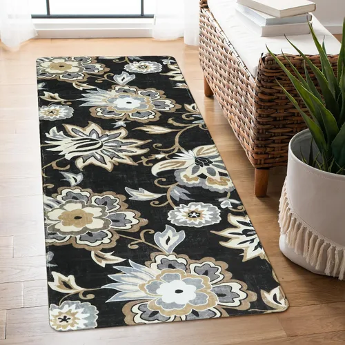 Vista 53 de Lahome - Tapete floral con estampado de cachemira, lavable, antideslizante, pequeño, anti-manchas, suave, para baño, entrada, dormitorio, Negro