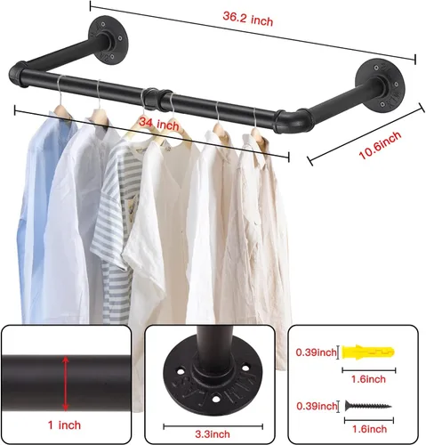 Vista 6 de Perchero de ropa montado en la pared de 36" con tubo industrial, organizador de ropa negro de hierro resistente que ahorra espacio, barra