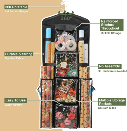 Vista 2 de EXLIFBAG Organizador de almacenamiento de papel de regalo, organizador de envoltorios de regalo con soporte de doble cara para colgar