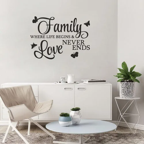 Vista 2 de Family Where Life Begins and Love Never Ends - Adhesivo con mariposas, calcomanías de vinilo extraíbles para pared, frases inspiradoras de arte