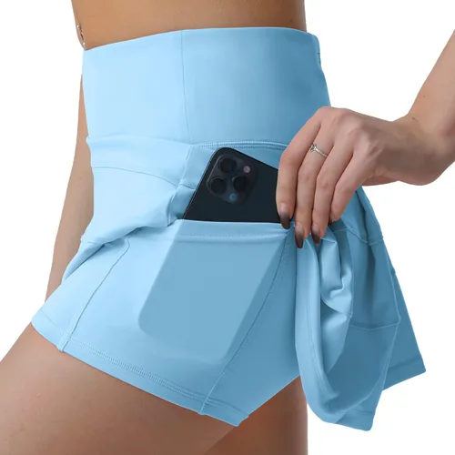 Vista 3 de Husnainna Falda pantalón plisada de cintura alta con bolsillos para tenis y golf para mujer, pantalones cortos incorporados para el entrenamiento